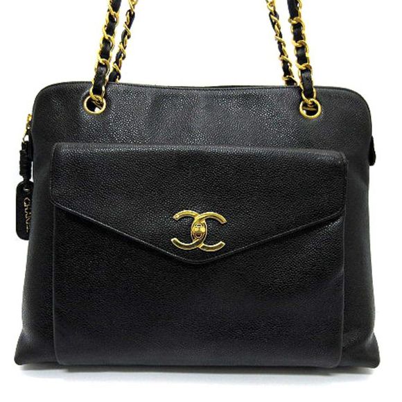 Chanel Caviar Skin Chain Tote Bag Triple Coco Mark Black Gold Hardware - Picture 2 of 4